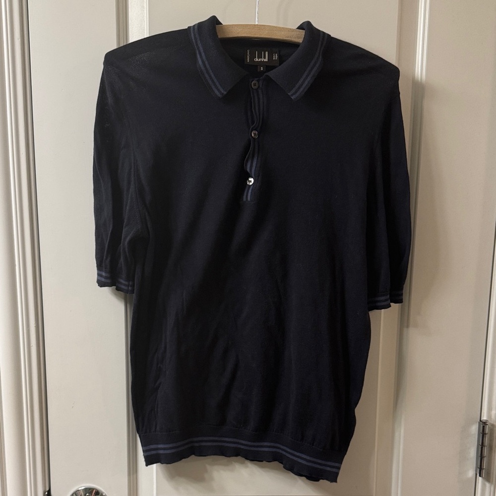 Dunhill Men’s Dark Navy Gray Stripe Cotton/Cashmere Short Sleeve Polo Shirt S